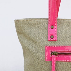 Linen and faux leather tote bag, natural with fuschia, classic everyday bag. image 3