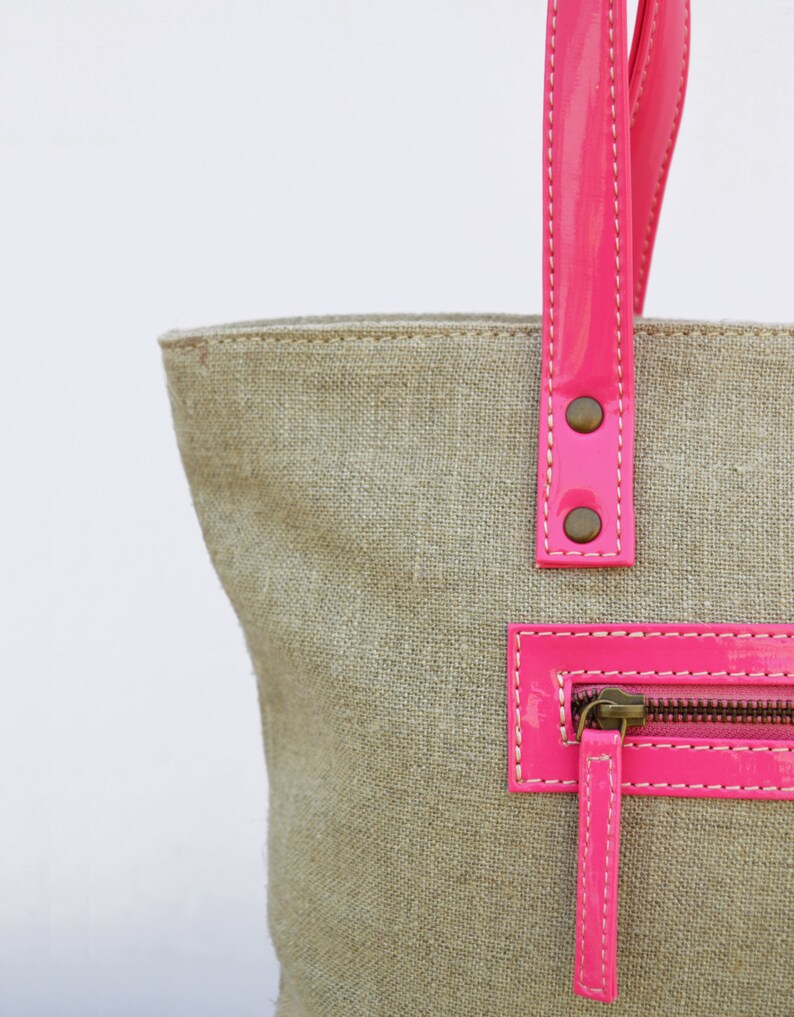 Linen and faux leather tote bag, natural with fuschia, classic everyday bag. image 3