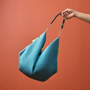 Faux Silk quilted HOBO Bag, Turquoise colour, hand embroidered handle, Gift for her.