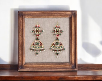 EARRINGS royal Indian jewellery wall art, embroidery and applique in hoop OR wooden frame