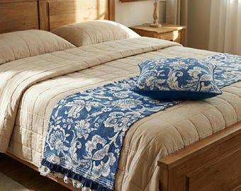 DOMINOTERIE - Indigo Colour Printed Cotton Bed Runner Set - King / Queen / Twin Size