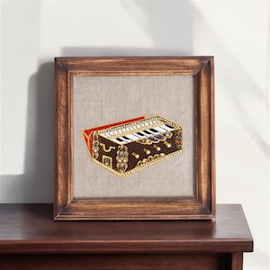 HARMONIUM Musical instrument wall art, embroidery and applique in hoop OR wooden frame