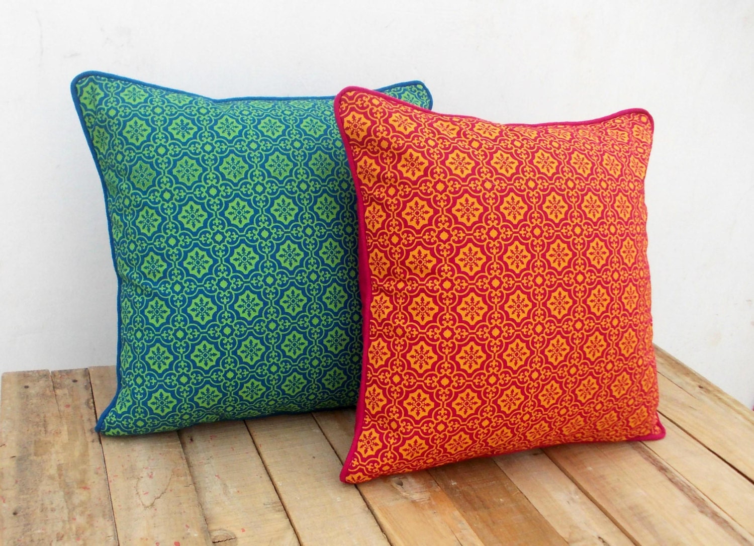 Pink and Orange Throw Pillow Cover Tile Print Cotton Etsy