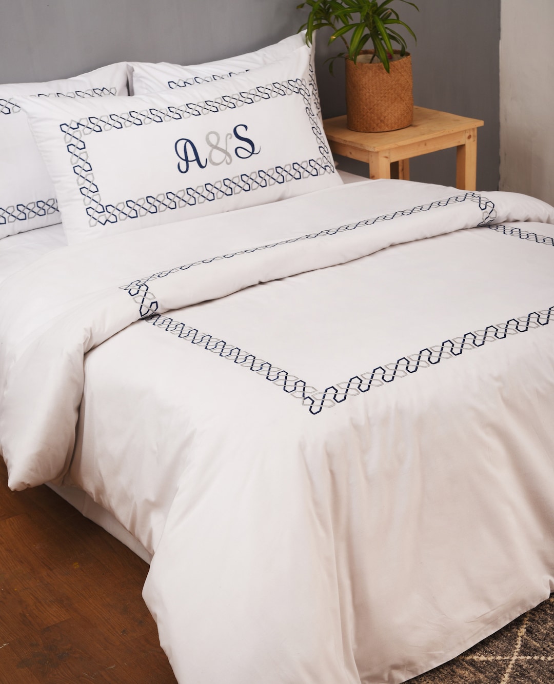 Embroidered King Duvet Cover Set, 200TC Pure White Cotton, Monogram to