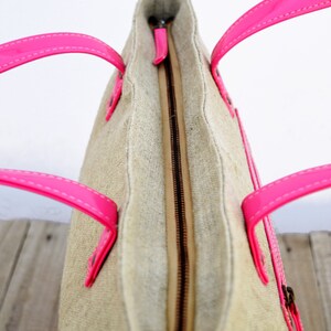 Linen and faux leather tote bag, natural with fuschia, classic everyday bag. image 4