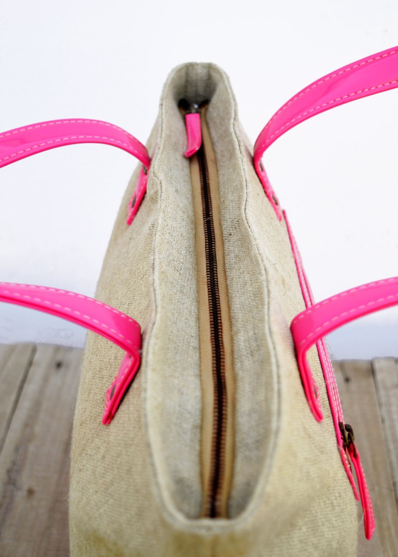 Linen and faux leather tote bag, natural with fuschia, classic everyday bag. image 4