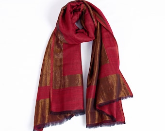 RED fine wool Scarf with gold zari border, reversible autumn winter stole