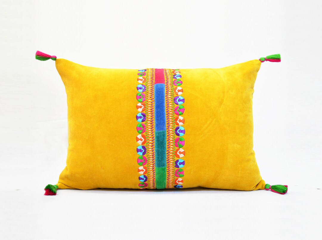 Yellow Velvet Pillow Cover, Multicolour, Hand Embroidery, Bohemian