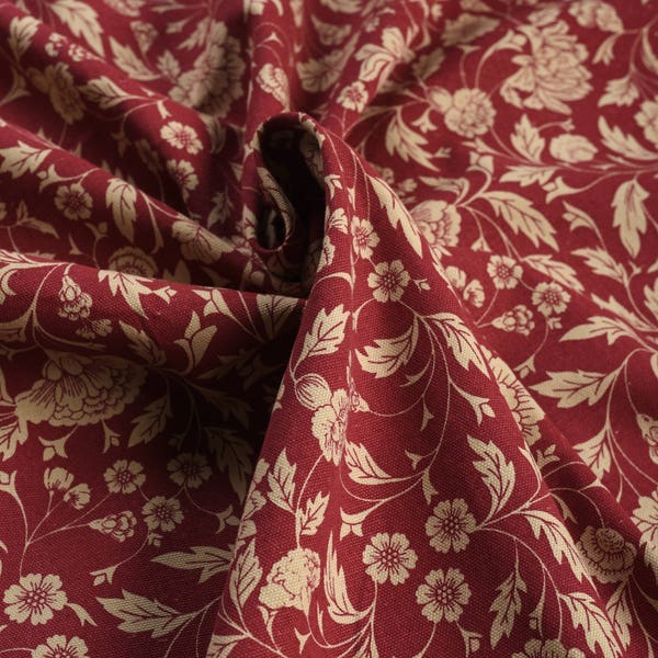 Tissu imprimé rouge foncé, motif Kalamkari, 100% coton canard, au mètre, imprimé fleuri