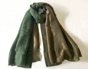 Green and gold fine wool and zari scarf, reversible autumn winter stole