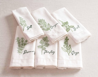 Herb Embroidered Linen-Cotton Napkins | Botanical Collection | 18 × 18 inches | Sets of 2, 4 & 6