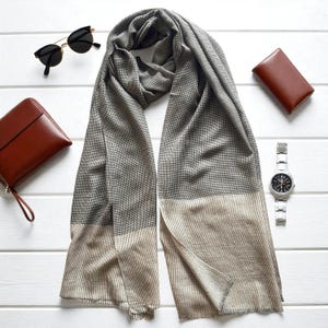 CHECK fine wool blend scarf for men, beige and black colour, reversible, gift for men