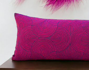 KASHIDAKAARI - Magenta long lumbar cotton pillow cover with modern retro pattern embroidery, 12X30 inches and other sizes available