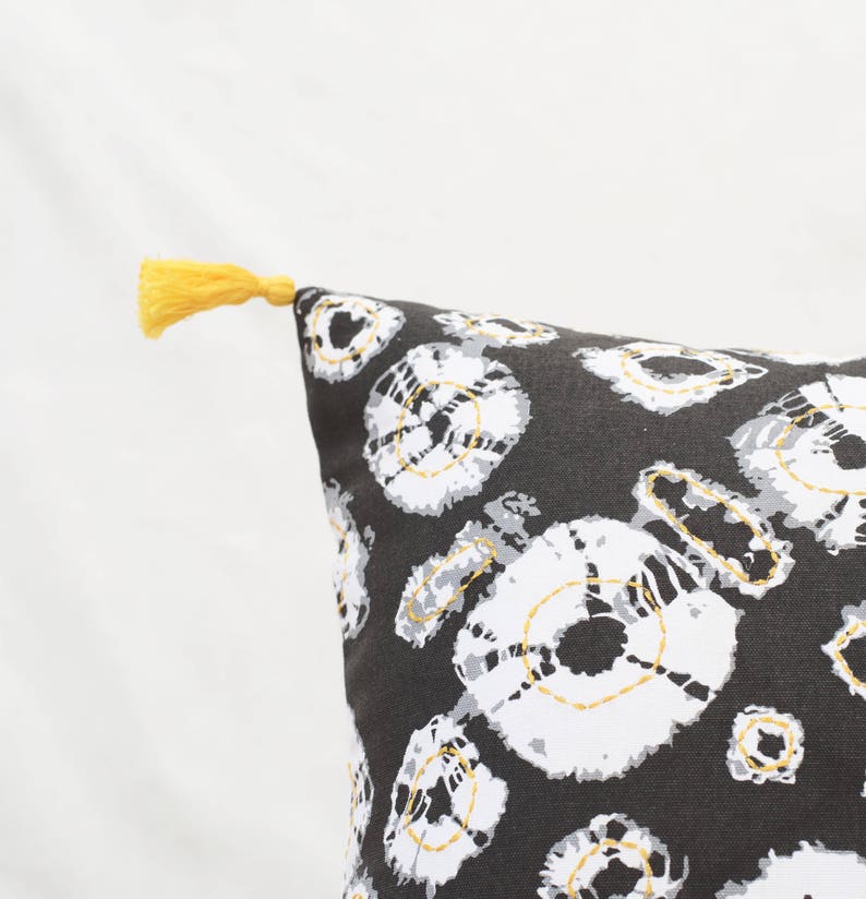 Cushion Cover Shibori Grey Pillow Cover Yellow Tassels Etsy