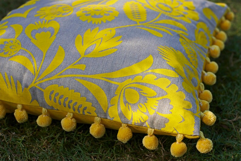 Yellow printed pillow cover linen pillow cover folk print Etsy