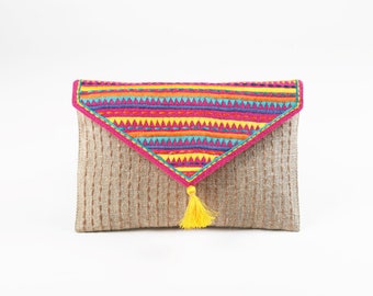 Pochette tribale, pochette enveloppe, sac couleur lin, embrayage pliable, boho, multicolore, brodé, 6X9 pouces