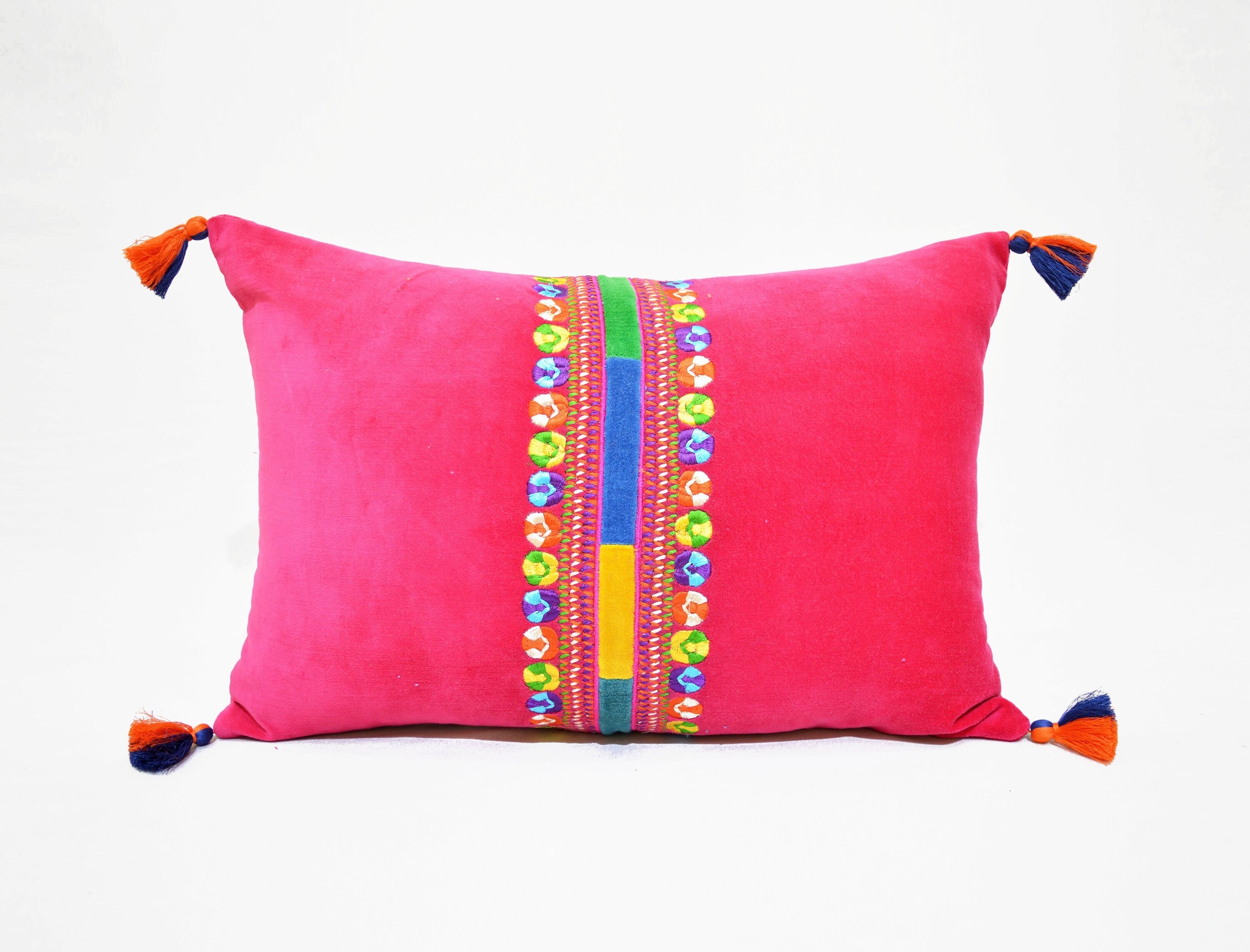 Bright Pink Velvet Pillow Cover Multicolour Hand Embroidery Etsy