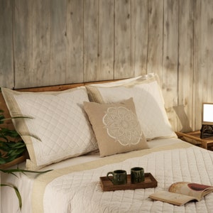 COTTON & LINEN - Quilted bedspread and pillow shams in white and  Natural colour,  diamond pattern, Sizes available
