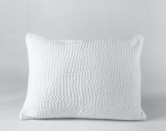 White Kantha Quilted Pillow Covers, Striped Design, Soft 100% Cotton, Multiple Size Options