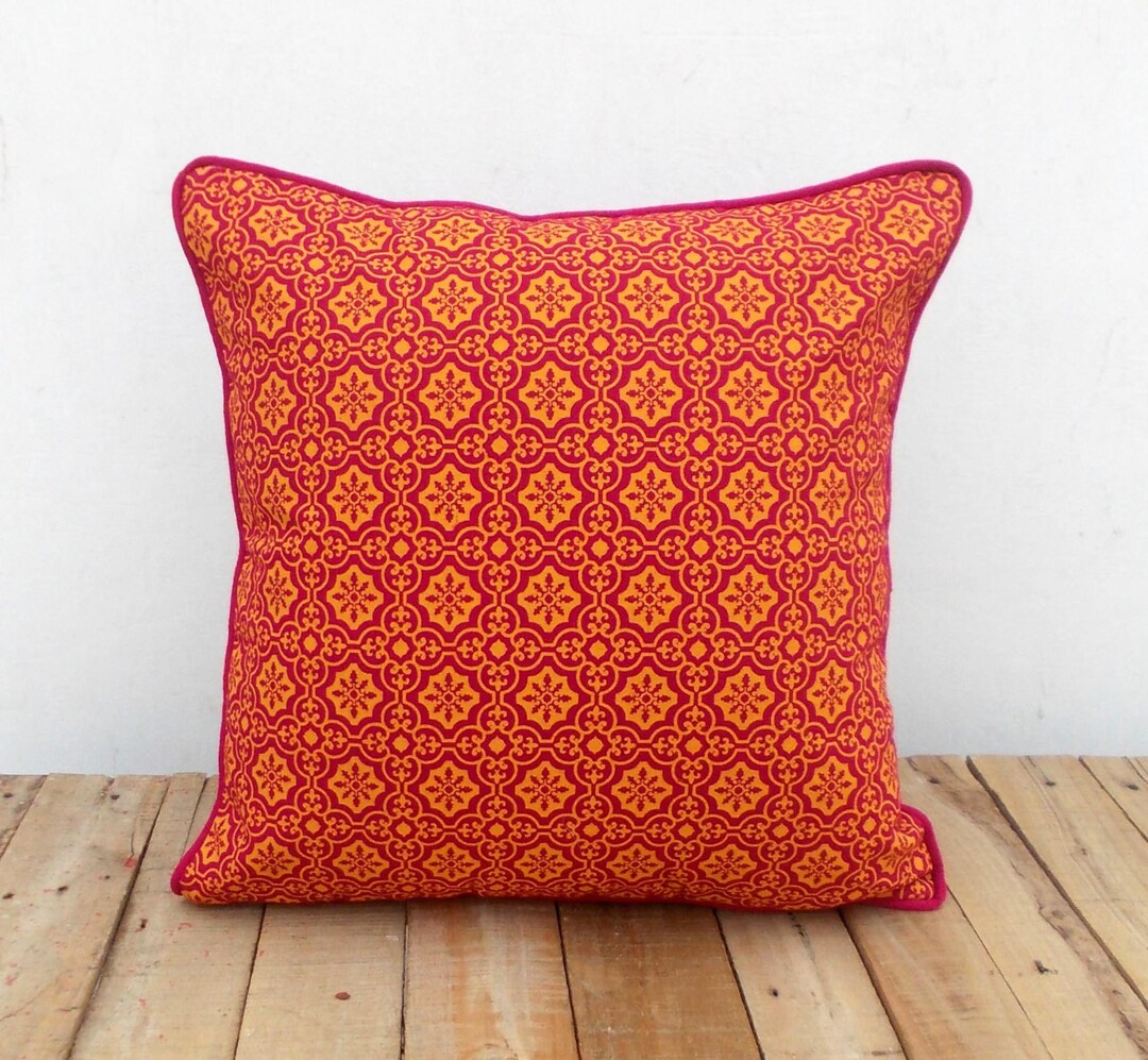 Pink and Orange Throw Pillow Cover Tile Print Cotton Etsy