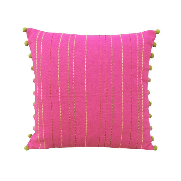 Pink throw pillow cover, cotton pillow cover, house wares, rice stitch embroidery, pom pom,standard size 16"X 16"