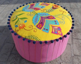 Yellow & bright pink Stylized floral pouf cover, bohemian ottoman cover, appliqued and embroidered with pompoms, 22X12 inches