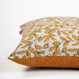 Mustard Yellow reversible cotton throw pillow cover, leaf print, sizes available.
