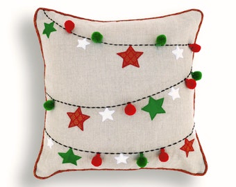 Christmas linen pillow cover, ornaments, garland, Indian brocade, applique, embroidered pillow size 16"X 16"