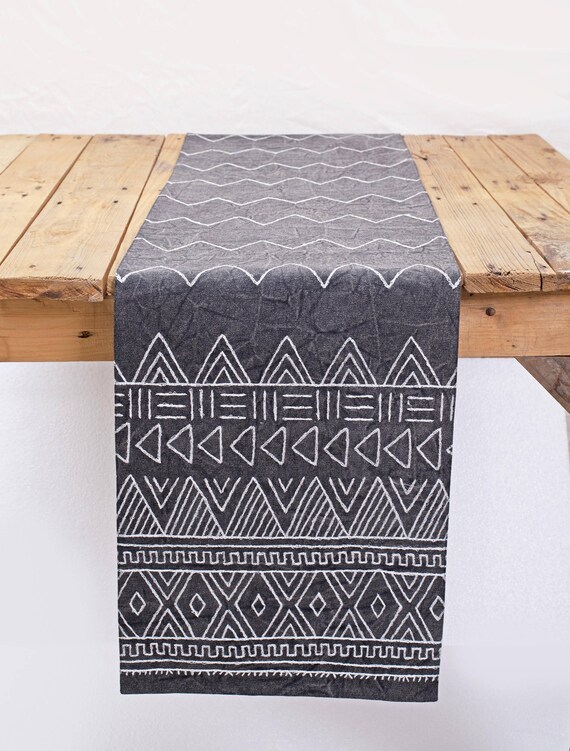 Aztec Runner Hand Embroidered Grey and White Cotton Table Etsy