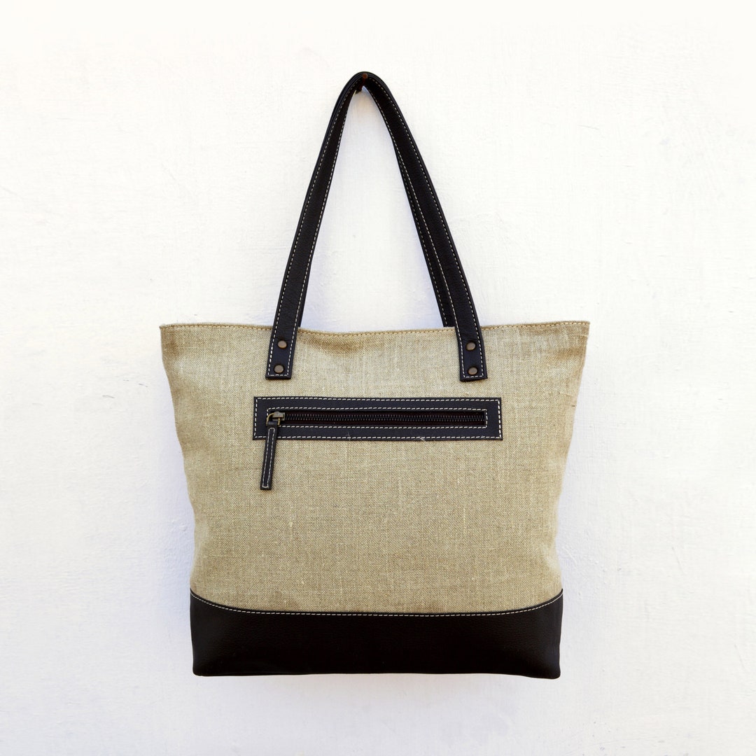 Linen and Faux Leather Tote Bag Natural With Brown Classic - Etsy