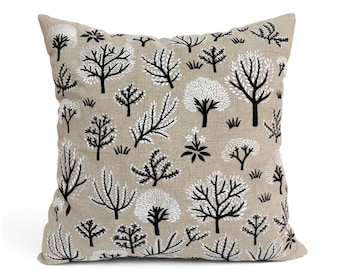 FROSTED FOREST - Pure Linen Pillow Cover with White & Black Embroidery - 18x18 inches