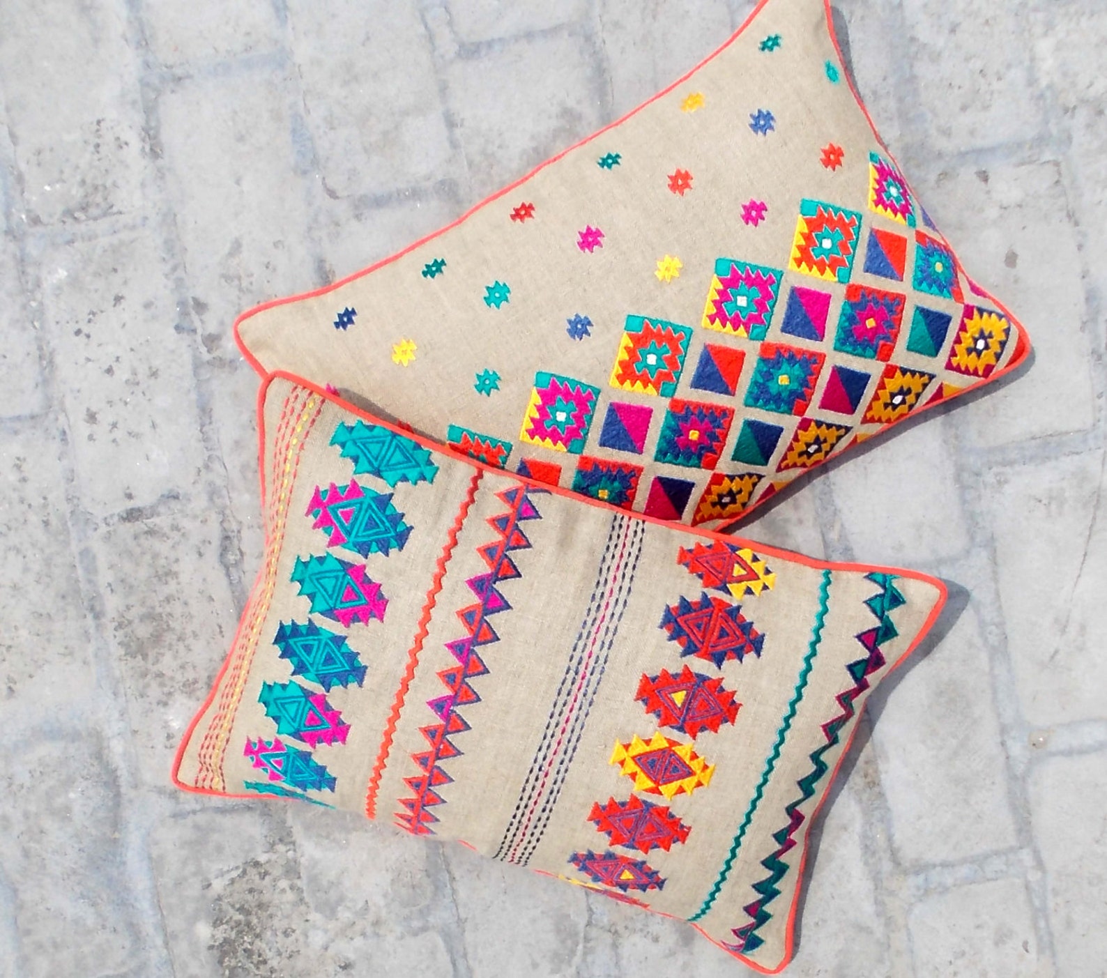 Colorful Bohemian Style Linen Pillow Cover Embroidered Etsy