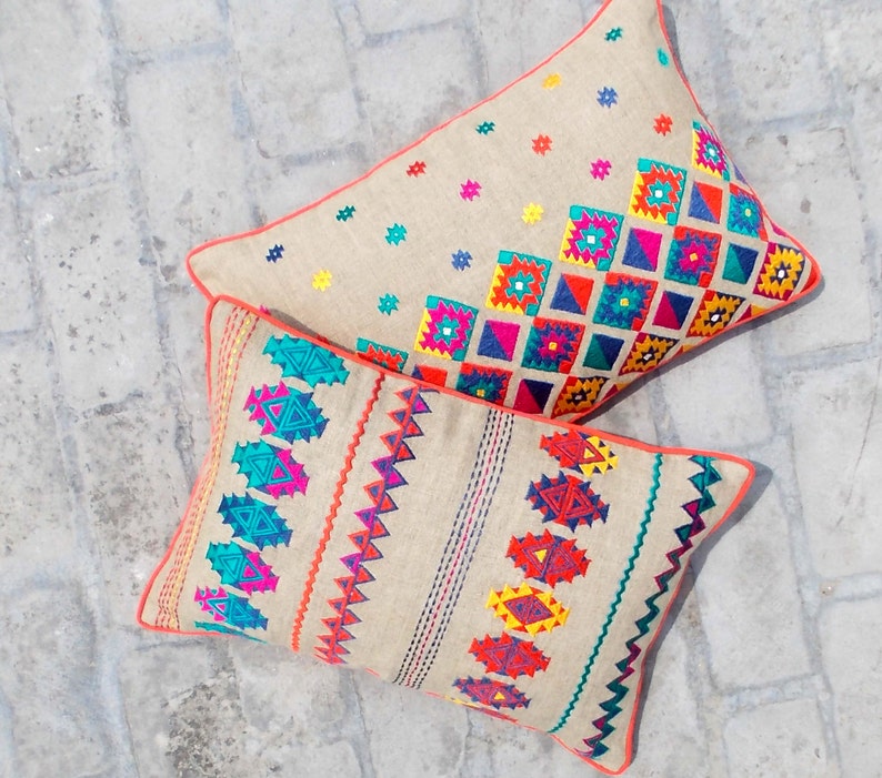 Colorful bohemian style linen pillow cover embroidered moroccan pillow case tribal indian cushion cover peruvian aztec pillow ethnic image 3