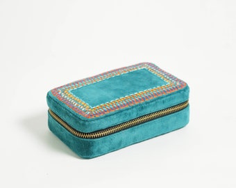 Teal Velvet Rectangular Embroidered Jewellery box, travel gift, Bridesmaid gift