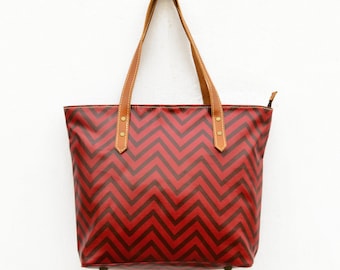 Red Tote bag, laminated cotton, chevron print, sheen finish, leather trims, zip closure, everyday bag.