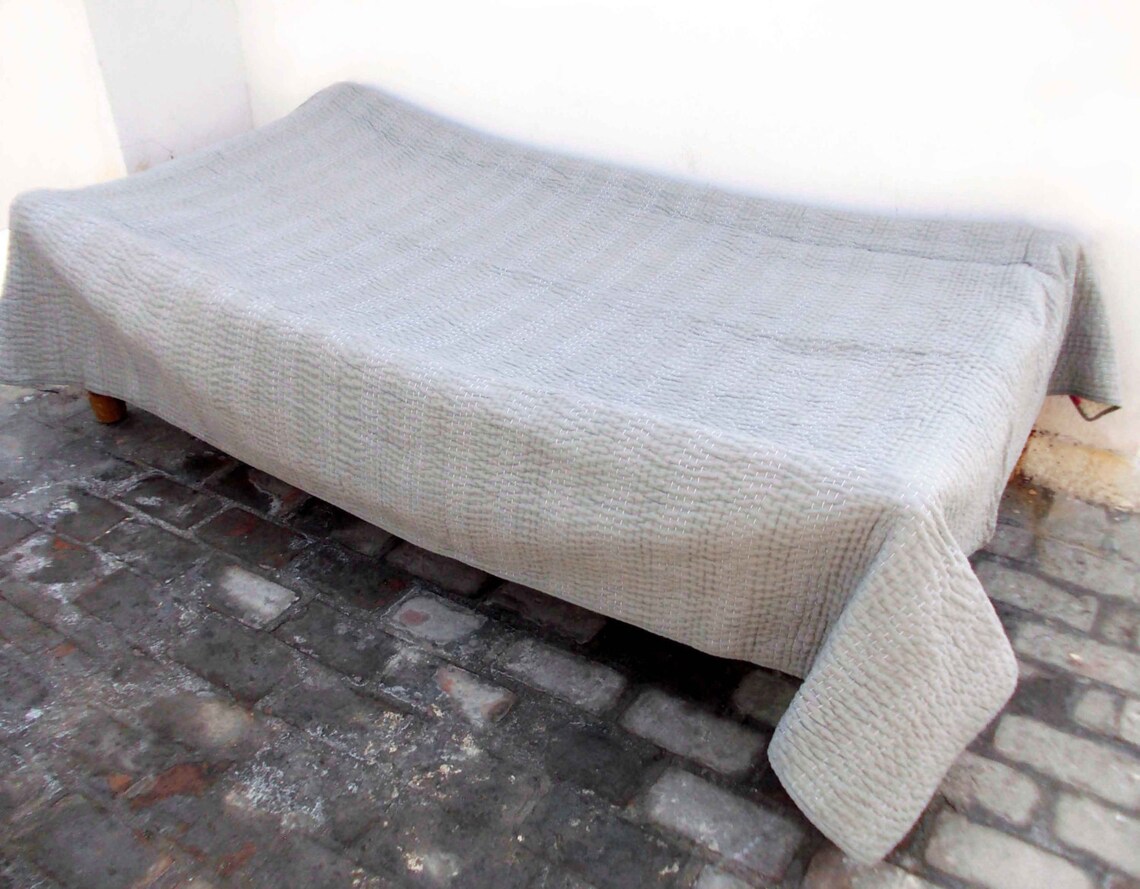 Grey quilted bedspread stripe pattern cotton kantha quilt Etsy