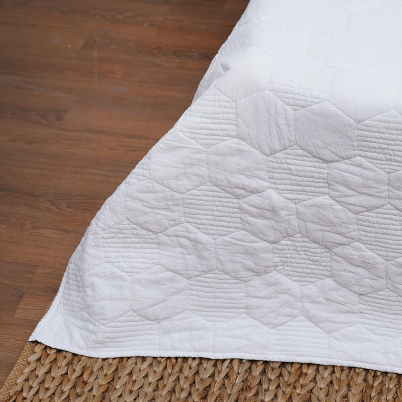 White Cotton Quilted Bedspread With Hexagon Pattern Sizes Etsy