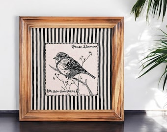 BOTANIK - HAUS SPATZ Wandkunst mit Teakholzrahmen, 30X30 cm