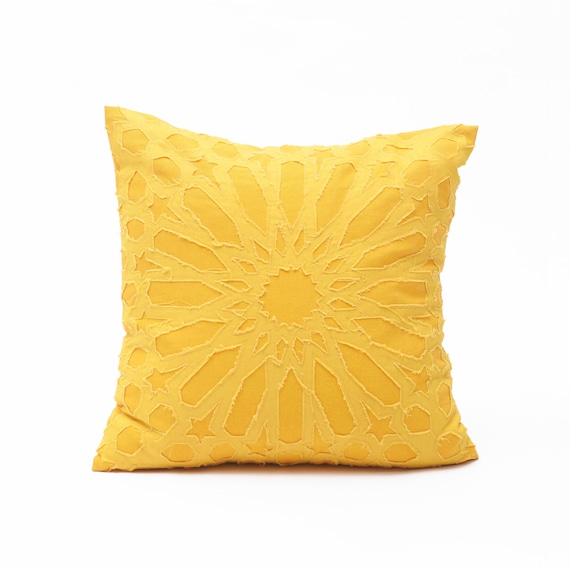 Yellow Pillow cover with islamic geometrical pattern applique' in cotton in size 16"X16"