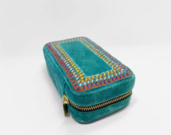 Teal Velvet Rectangular Embroidered Jewelry box, travel gift, Bridesmaid gift