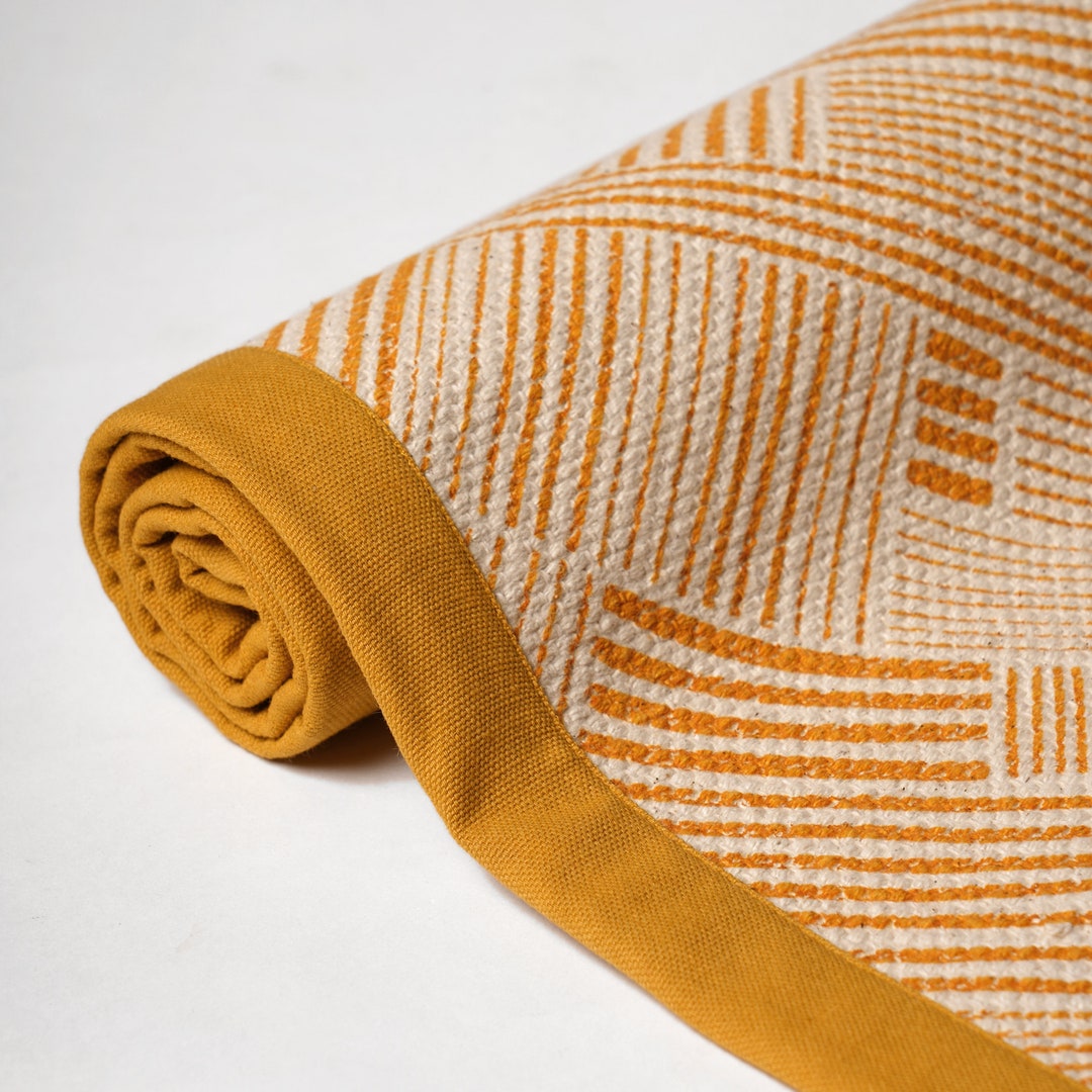 Mustard Yellow Cotton Rug Stripe Print Mid Century Modern Etsy