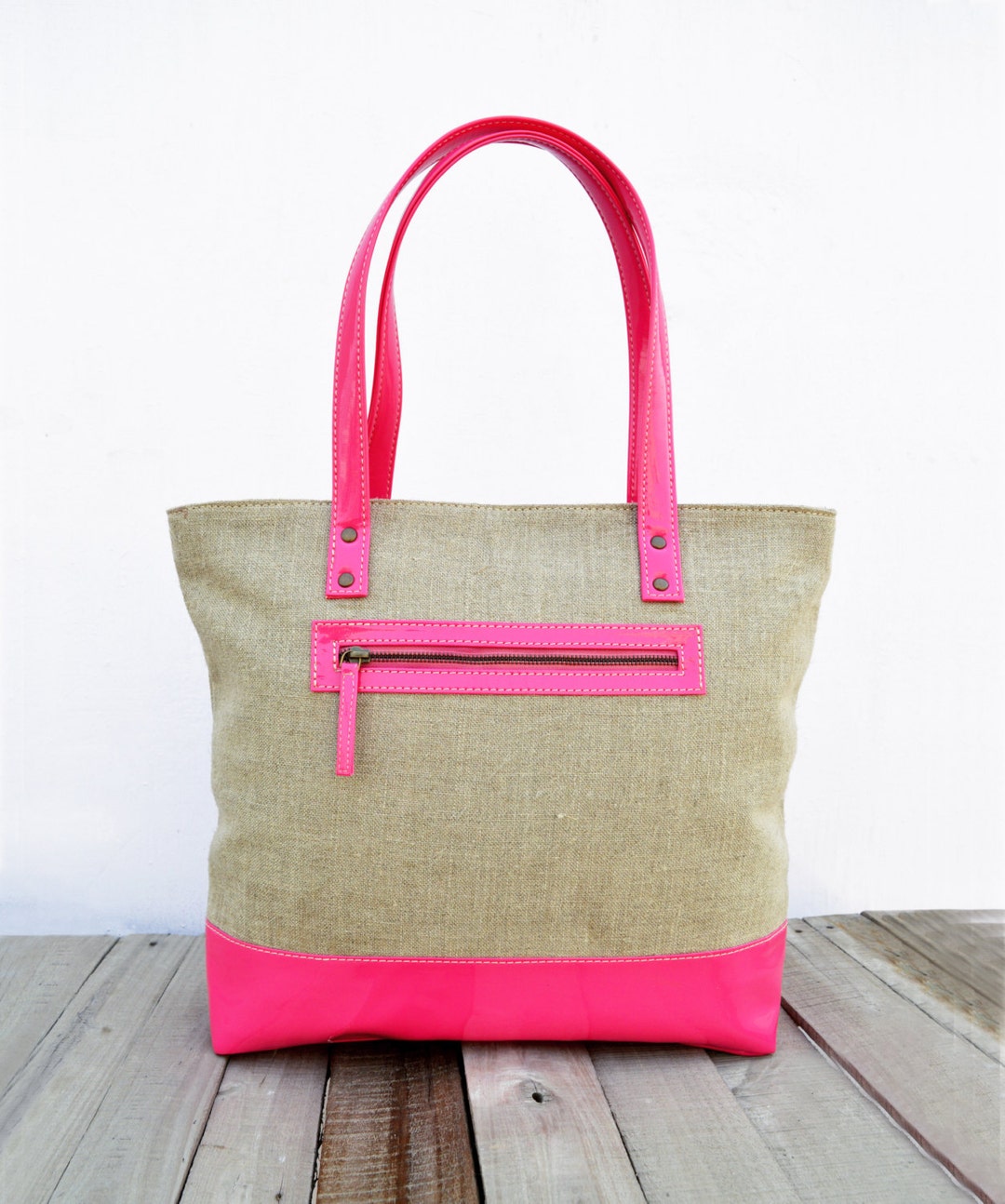 Linen and Faux Leather Tote Bag Natural With Fuschia Classic - Etsy