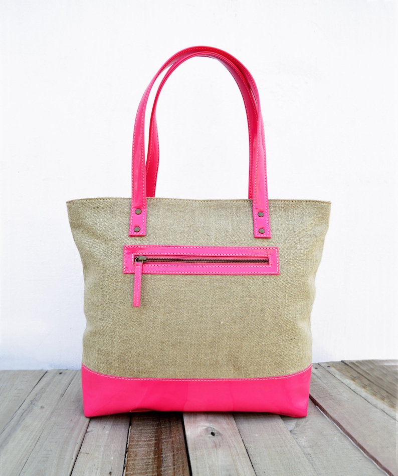 Linen and faux leather tote bag, natural with fuschia, classic everyday bag. image 1