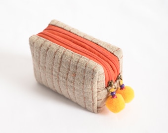 Small rustic natural linen pouch with double pocket, 4X2.7X2.5 inches