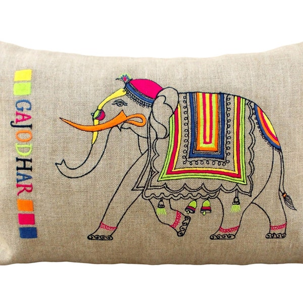 Linen pillow cover,Indian elephant, embroidered pillow case,bright colours, lumbar pillow