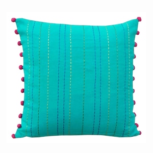 Turquoise throw pillow cover, cotton pillow cover, house wares, rice stitch embroidery, pom pom,standard size 16&quot;X 16&quot;