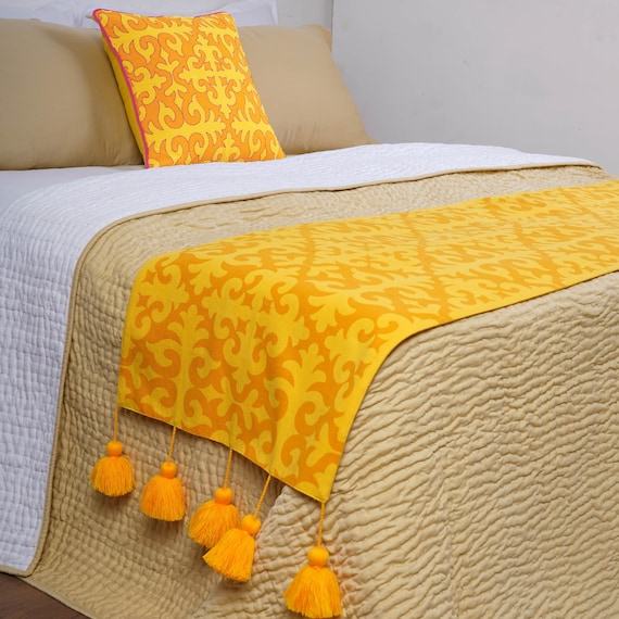 Yellow Printed Cotton Bed Runner Set King / Queen / Twin Size Bed Runner  With Coordinated Decorative Throw Pillow Cover - Etsy