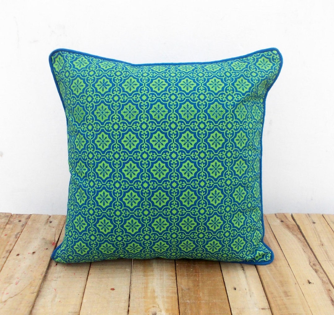 Blue and Green Throw Pillow Cover Tile Print Cotton Pillow Etsy