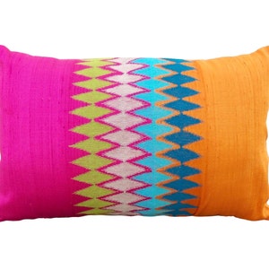 Silk pillow cover,ikat embroidery, pink/orange, asian style, multicolour, lumbar pillow, Indian ethnic.