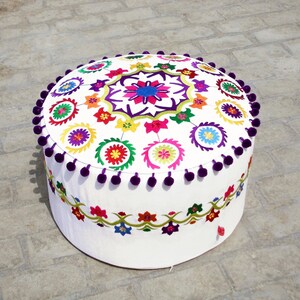Pouf cover, white base, multicolor embroidery, suzani pattern, folk pouf, bohemian ottoman cover, with pompoms, 22X12 inches image 3